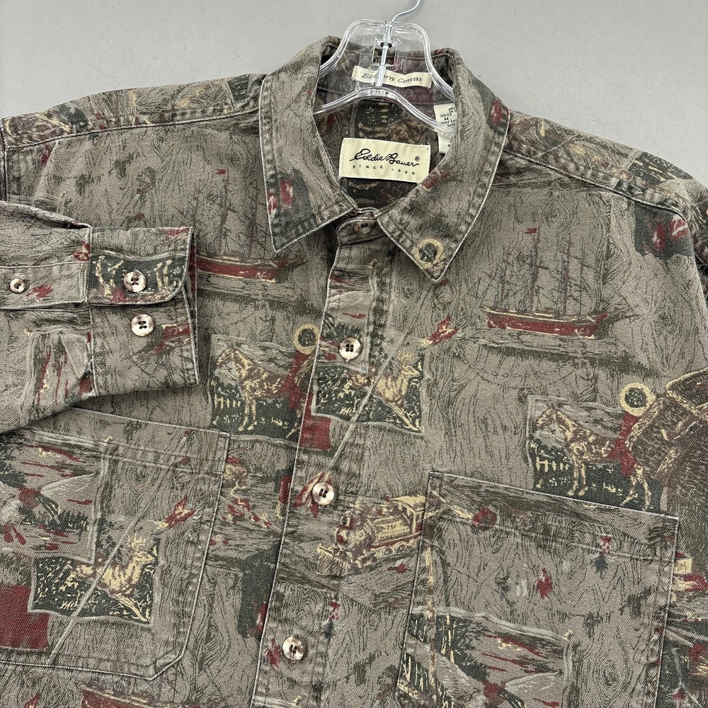 Vintage Eddie Bauer Shirt Mens‎ Medium Brown Button Up Long Sleeve Elkhorn AOP
